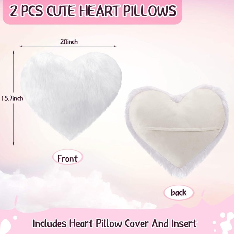 Enhon 2 Pcs Fluffy Heart Pillows Faux Fur Heart Shaped Plush Pillow Soft 20 x 15.7 Inch Love Throw Pillows with Insert for Decorative Office Home Bedroom Living Room Sofa(White) - Image 4